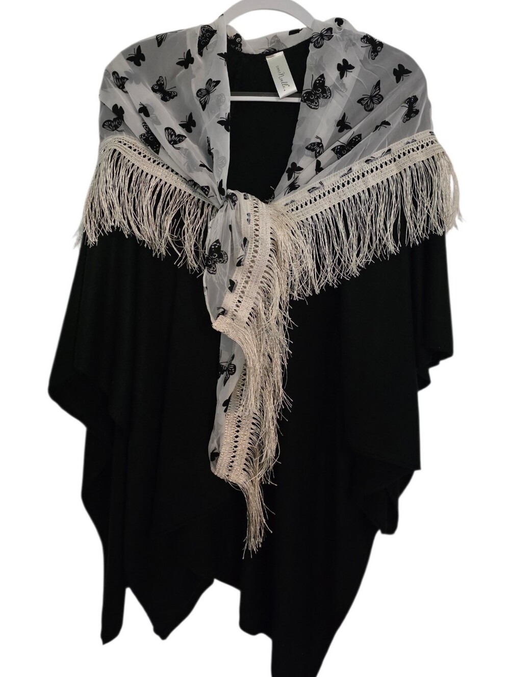 Fringed Butterfly Print Scarf - Black & Cream